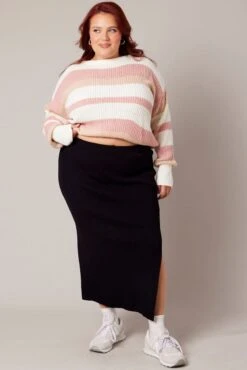 Black Rib Knit One Split Skirt -You And All Fashion Store csm1509c 40a black 3