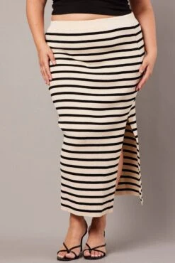 Black Stripe Rib Knit One Split Skirt