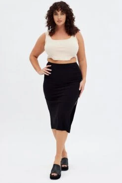Black Rib Midi Skirt Drawstring Ruched