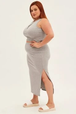 Grey Midi Skirt Rib Elastic Waist Bodycon -You And All Fashion Store csm17734ax 47a grey 4