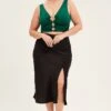 Black Midi Skirt High Waist Split Satin