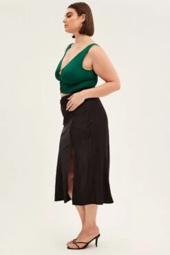 Black Midi Skirt High Waist Split Satin -You And All Fashion Store csm2282a 33rb black 4