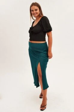 Green Midi Skirt High Waist Split Satin -You And All Fashion Store csm2282a 33rb forest 3