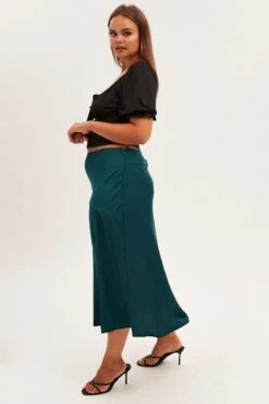Green Midi Skirt High Waist Split Satin -You And All Fashion Store csm2282a 33rb forest 4