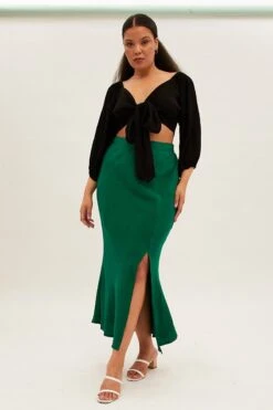 Green Midi Skirt Elastic Waist Split Side Linen Blend -You And All Fashion Store csm2355 38a green 3
