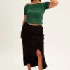 Black Midi Skirt Elastic Waist Split Side Linen Blend
