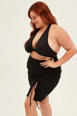 Black Midi Skirt Bodycon Drawstring Front Jersey -You And All Fashion Store csm25916 35a black 4