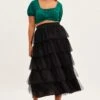 Black Midi Skirt Elastic Waist Mesh Ruffle