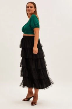 Black Midi Skirt Elastic Waist Mesh Ruffle -You And All Fashion Store csm31740 42a black 4