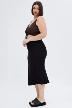 Black Knit Skirt Elastic Waist Midi Flare Rib -You And All Fashion Store csm31742 40ab black 4