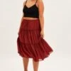 Brown Midi Skirt Elastic Waist Chiffon Frill