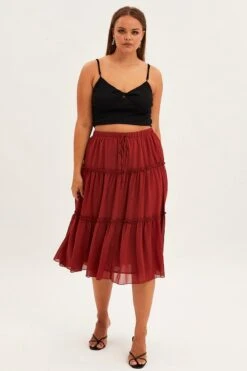 Brown Midi Skirt Elastic Waist Chiffon Frill -You And All Fashion Store csm31745 33ab clay 3