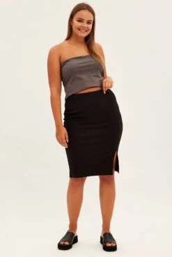 Black Midi Skirt Rib Textured Jersey Elastic Waist -You And All Fashion Store csm31819 42ab black 3