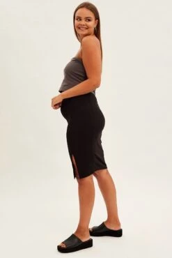 Black Midi Skirt Rib Textured Jersey Elastic Waist -You And All Fashion Store csm31819 42ab black 4