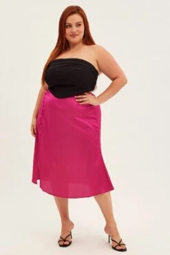 Pink Midi Skirt Satin Slip With Button Detail -You And All Fashion Store csm31892 47a pink 3
