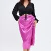 Pink Midi Skirt Drawstring Satin Split
