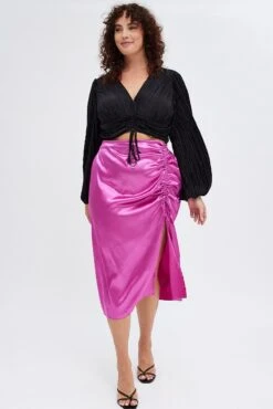 Pink Midi Skirt Drawstring Satin Split -You And All Fashion Store csm31893 47a pink 3