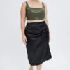 Black Midi Skirt Drawstring Satin Split