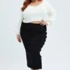 Black Midi Skirt Rib Jersey Snap Button Through