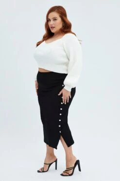 Black Midi Skirt Rib Jersey Snap Button Through -You And All Fashion Store csm32152 35a black 4