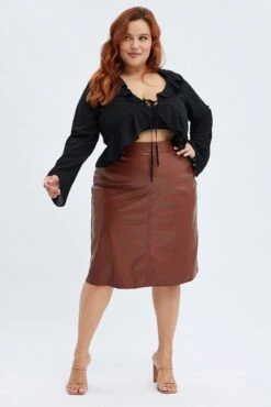 Brown Midi Skirt Faux Leather Flare -You And All Fashion Store csm32162 47ab brown 3