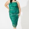 Green Abstract Mesh Ruched Tie Dye Midi Skirt