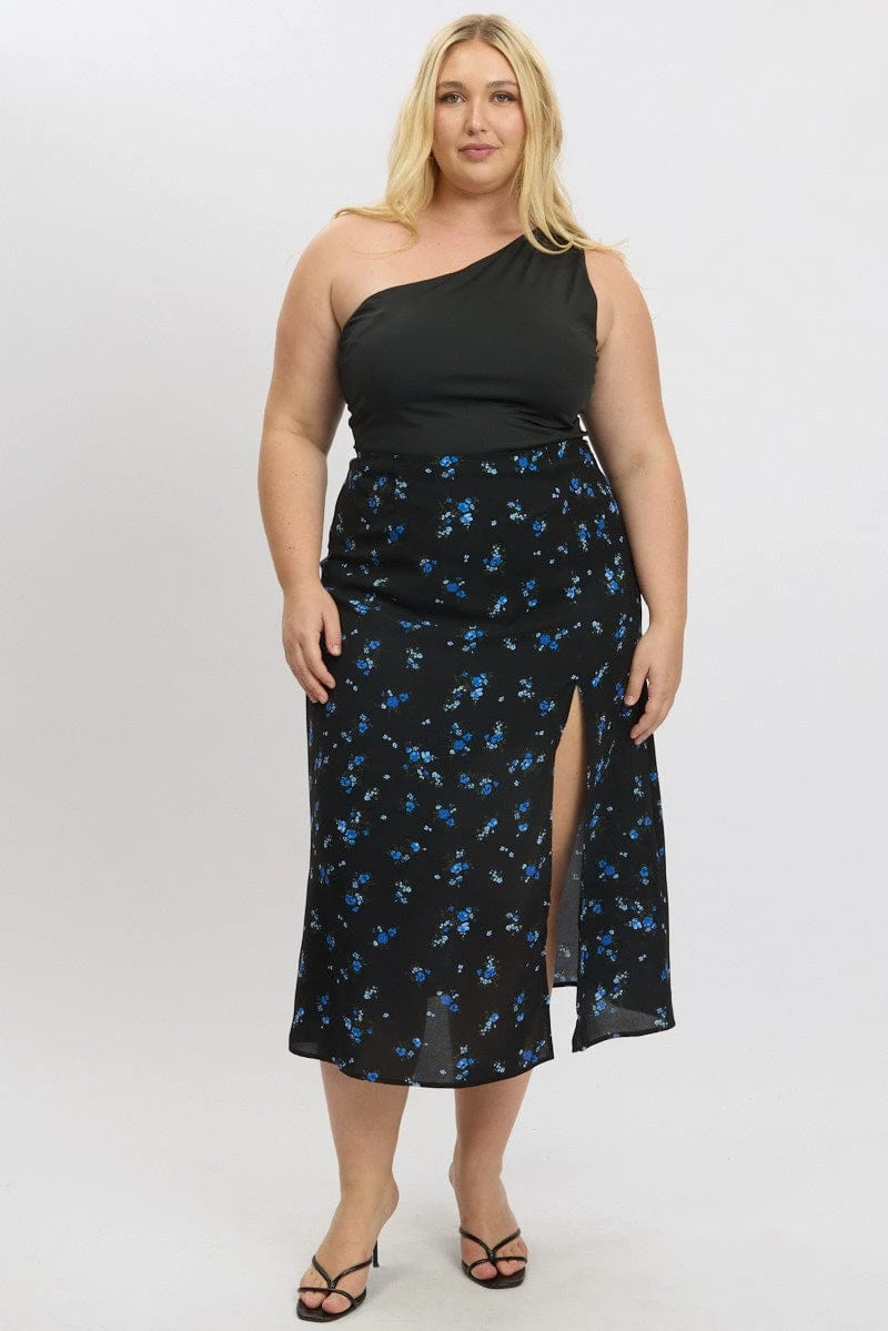 Blue Ditsy Lined Split Skirt 2 Blue Ditsy Lined Split Skirt - Image 2