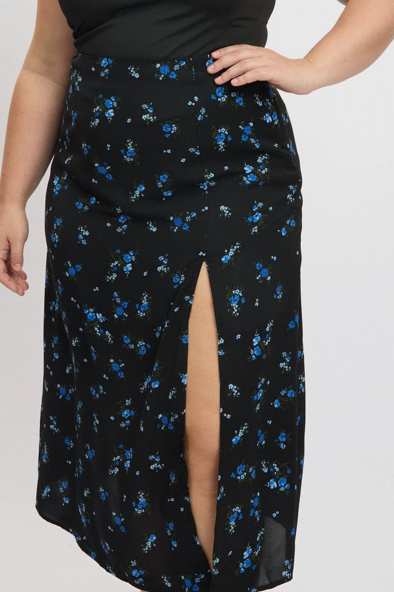 Blue Ditsy Lined Split Skirt 6 Blue Ditsy Lined Split Skirt - Image 6