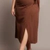 Brown Faux Wrap Linen Blend Midi Skirt