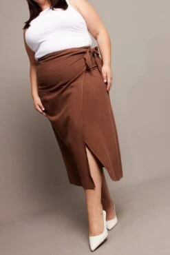 Brown Faux Wrap Linen Blend Midi Skirt -You And All Fashion Store csm32484 10a brown 3