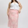 Pink Abstract Faux Wrap Linen Blend Midi Skirt