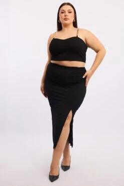 Black Ruched Front Midi Bodycon Skirt