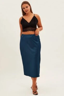Blue Midi Skirt Bias Satin Split Side