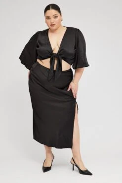 Black Midi Skirt Satin Split Flare -You And All Fashion Store csmk31794a 47a black 3