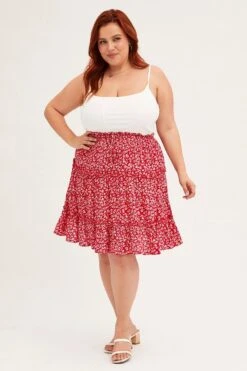 Red Ditsy Mini Skirt High Rise Tiered -You And All Fashion Store css0051k 33r ditsy 3