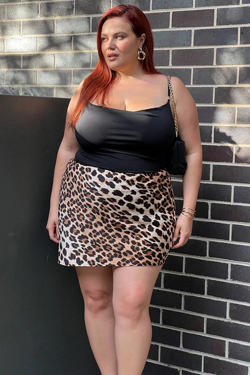 Brown Animal Print Leopard Satin Mini Skirt 1 Brown Animal Print Leopard Satin Mini Skirt