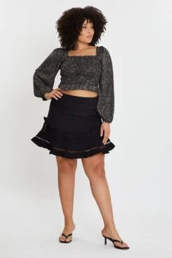 Black Cotton Blend Frill Hem Skater Skirt -You And All Fashion Store css1082 52a black 3