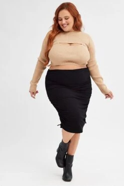 Black Rib Skirt Jersey Drawstring Side Knee Length 8 Black Rib Skirt Jersey Drawstring Side Knee Length -You And All Fashion Store css1345 42ab black 3