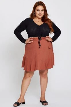 Brown High Waist Linen Blend Belted Skirt -You And All Fashion Store css25525 34l chocolate 3 1