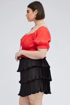 Black Mini Skirt Pleated Satin Layer -You And All Fashion Store css31696 38a black 4