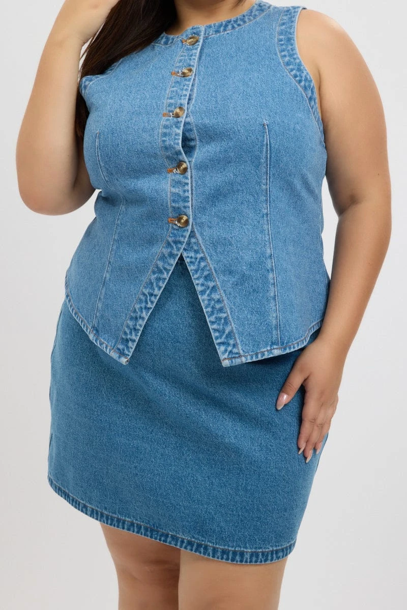 Denim A Line Topstitch Mini Skirt 2 Denim A Line Topstitch Mini Skirt - Image 2