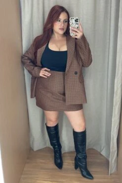 Brown Check Split Mini Skirt