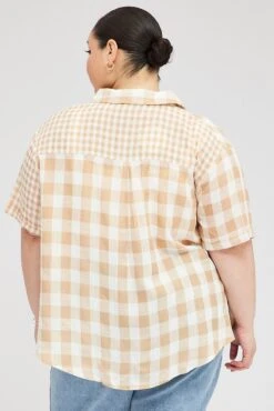 Beige Check Relaxed Shirt Short Sleeve V-neck -You And All Fashion Store cwc0005d 35r check 5