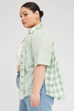Green Check Relaxed Shirt Short Sleeve V-neck -You And All Fashion Store cwc0005g 35r check 4