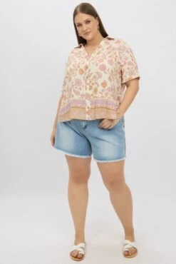 Beige Boho Relaxed Shirt Short Sleeve