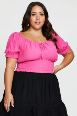 Pink Crop Top Short Sleeve Shirred 8 Pink Crop Top Short Sleeve Shirred -You And All Fashion Store cwc0061a 34l pink 3 1