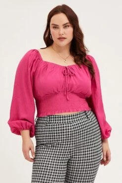 Pink Crop Top Long Sleeve Shirred -You And All Fashion Store cwc0061al 34a pink 3 1