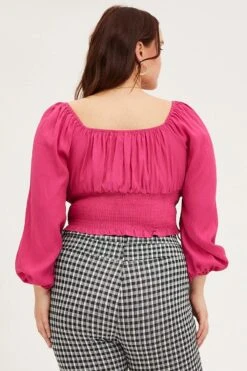 Pink Crop Top Long Sleeve Shirred -You And All Fashion Store cwc0061al 34a pink 5 1