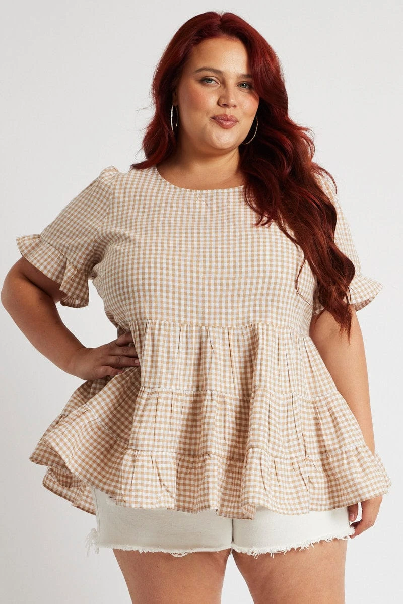 Beige Check Tiered Top Short Sleeve 2 Beige Check Tiered Top Short Sleeve - Image 2