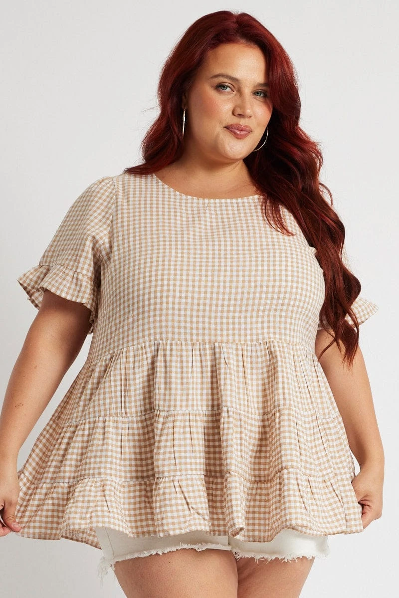 Beige Check Tiered Top Short Sleeve 3 Beige Check Tiered Top Short Sleeve - Image 3